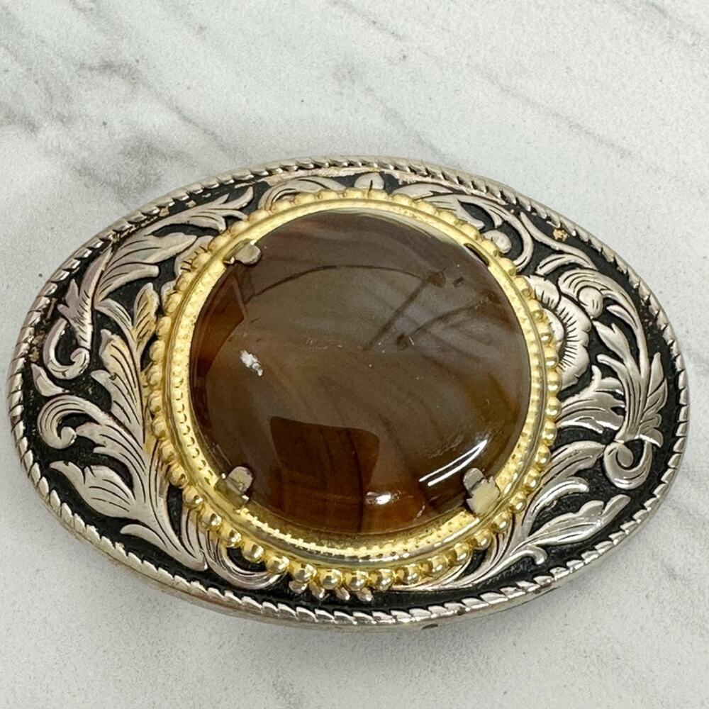 Vintage Western Amber Cabochon Belt Buckle Gold Tone ✨